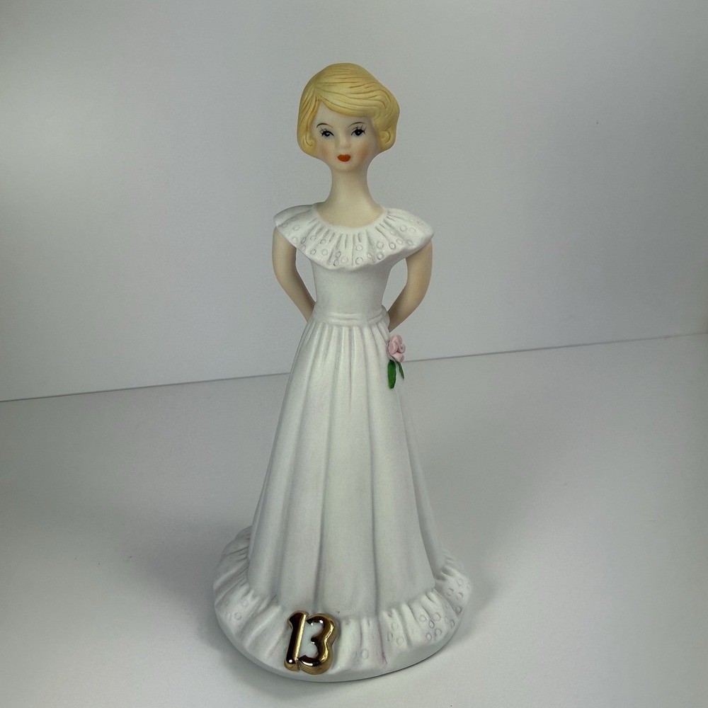 Enesco Growing Up Girls 1981 Figurine Age 13 Blonde Hair Pink Flower White Dress